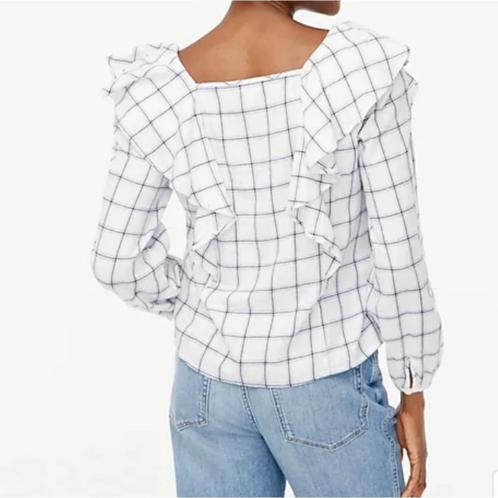 J.Crew Plaid Flannel Square Neck Ruffle Blouse size Large